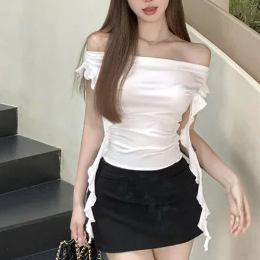 Women One Shoulder Short Sleeve Ruffle T Shirt Perfect for Casual Days - Picture 12 of 20