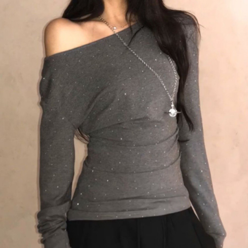 Off Shoulder Long Sleeve Slim Fit Top in Gray Daily Casual Wear for Women - Picture 11 of 16