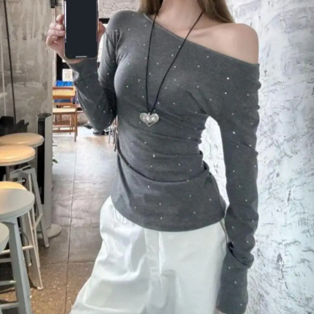 Off Shoulder Long Sleeve Slim Fit Top in Gray Daily Casual Wear for Women - Picture 10 of 16