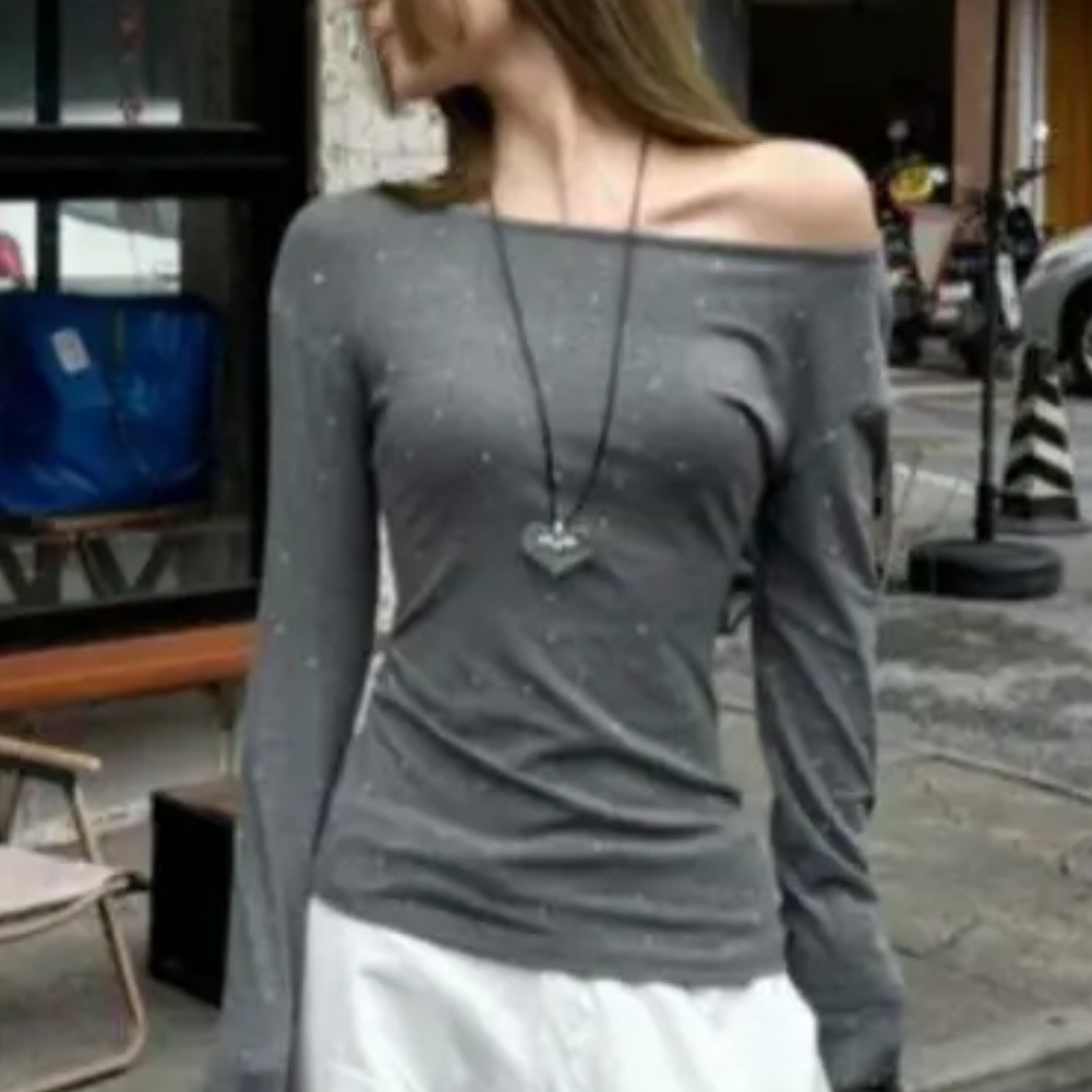 Off Shoulder Long Sleeve Slim Fit Top in Gray Daily Casual Wear for Women - Picture 13 of 16