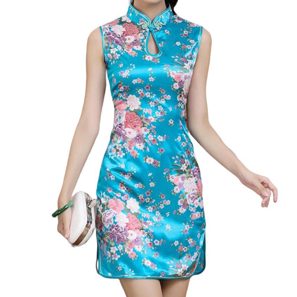 Women Long Print Cheongsam Dress Chinese Traditional Slim Split Collar - Picture 14 of 24