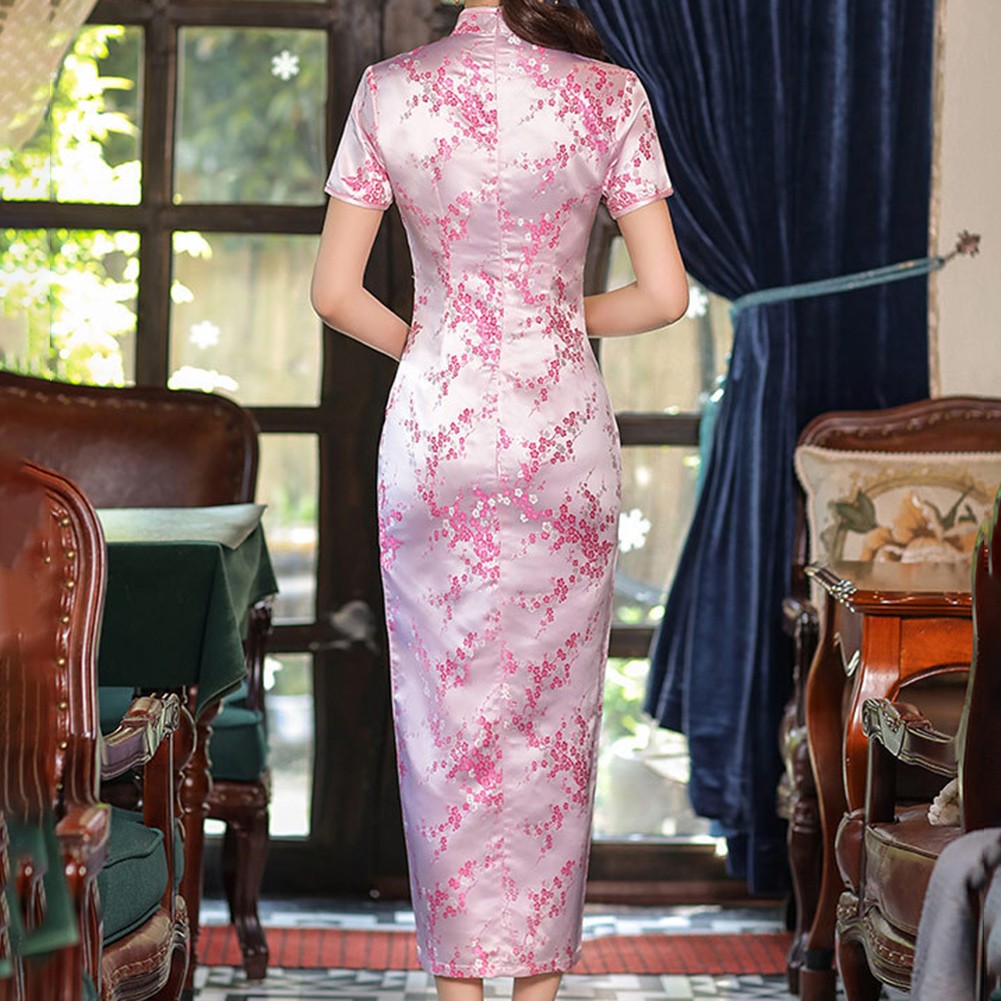 Women Chinese Cheongsam Dress Long Split Slim Print Traditional Collar - Picture 14 of 21