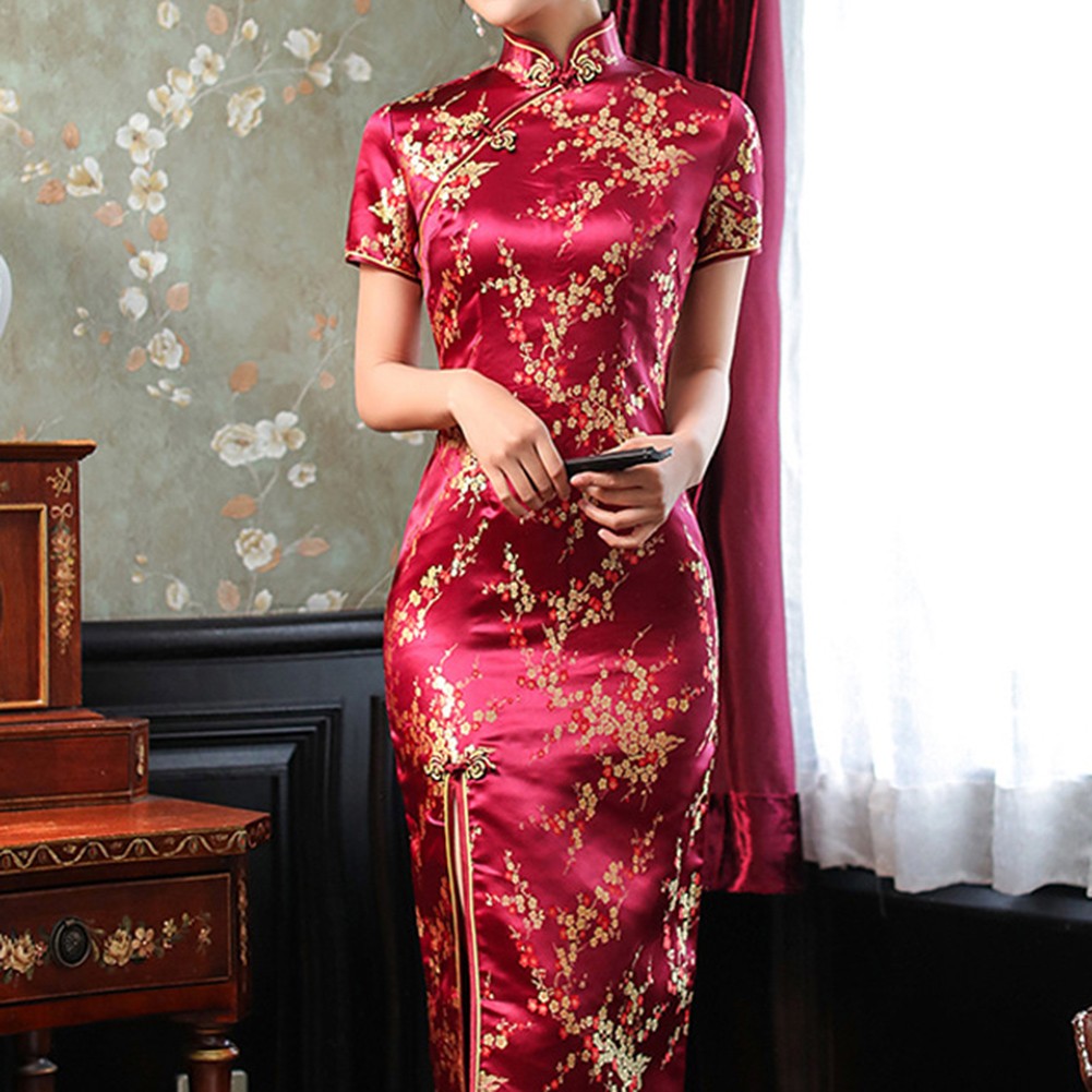 Women Chinese Cheongsam Dress Long Split Slim Print Traditional Collar - Picture 11 of 21