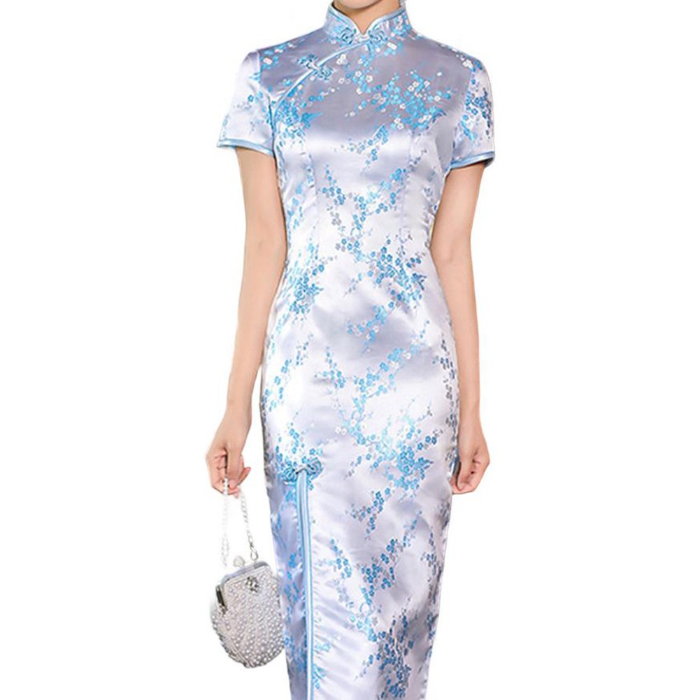 Women Chinese Cheongsam Dress Long Split Slim Print Traditional Collar - Picture 21 of 21