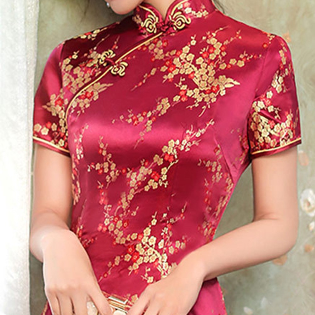 Women Chinese Cheongsam Dress Long Split Slim Print Traditional Collar - Picture 13 of 21
