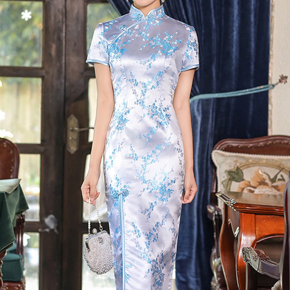Women Chinese Cheongsam Dress Long Split Slim Print Traditional Collar - Picture 20 of 21