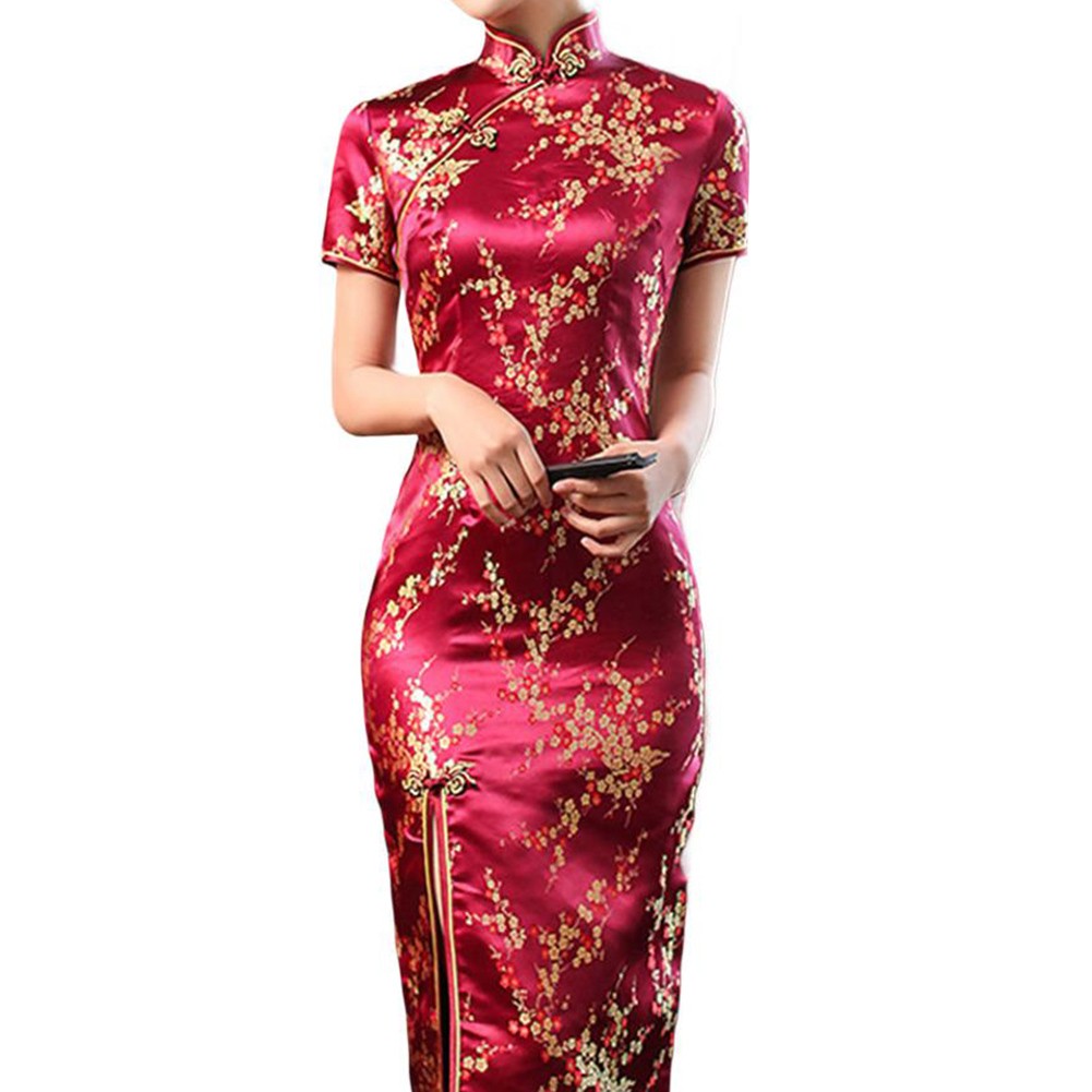 Women Chinese Cheongsam Dress Long Split Slim Print Traditional Collar - Picture 12 of 21