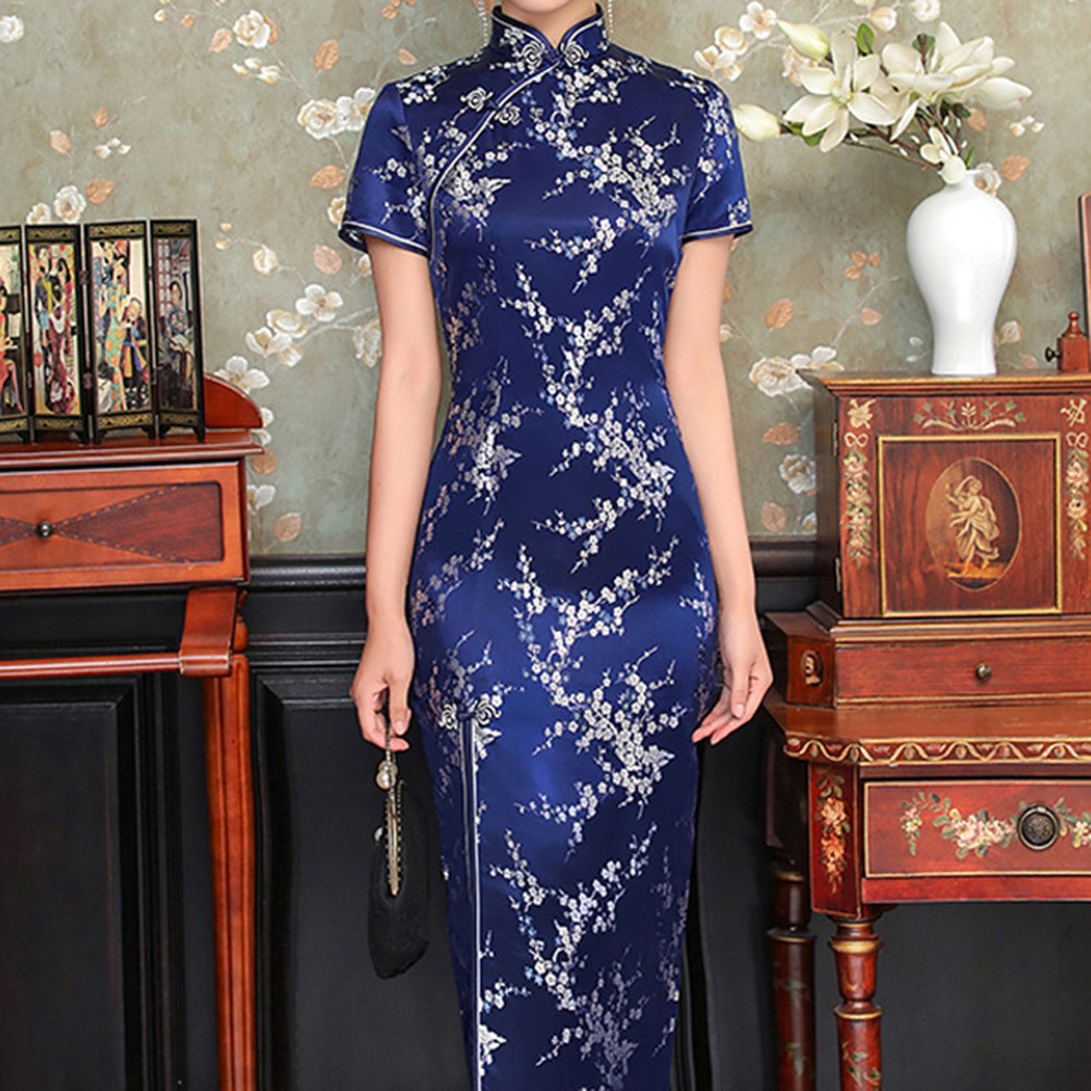 Women Chinese Cheongsam Dress Long Split Slim Print Traditional Collar - Picture 17 of 21