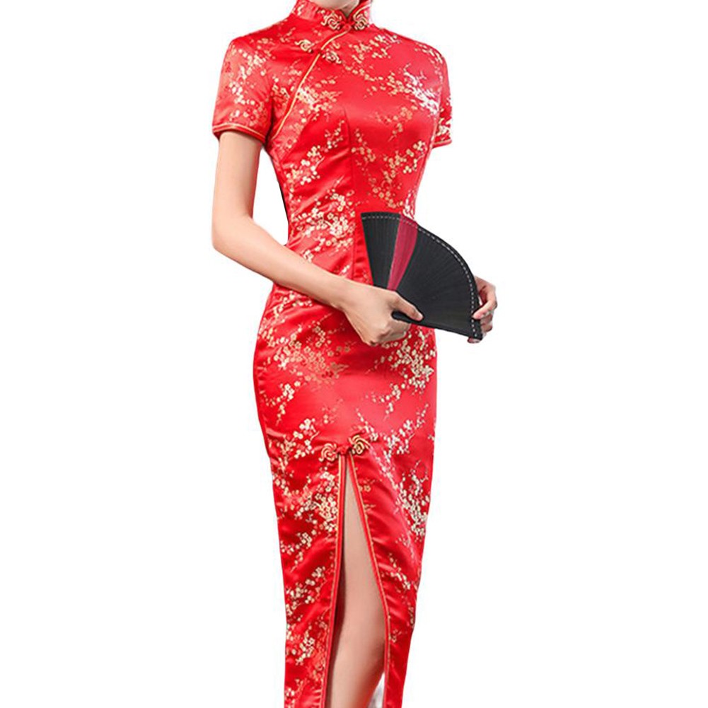 Women Chinese Cheongsam Dress Long Split Slim Print Traditional Collar - Picture 10 of 21