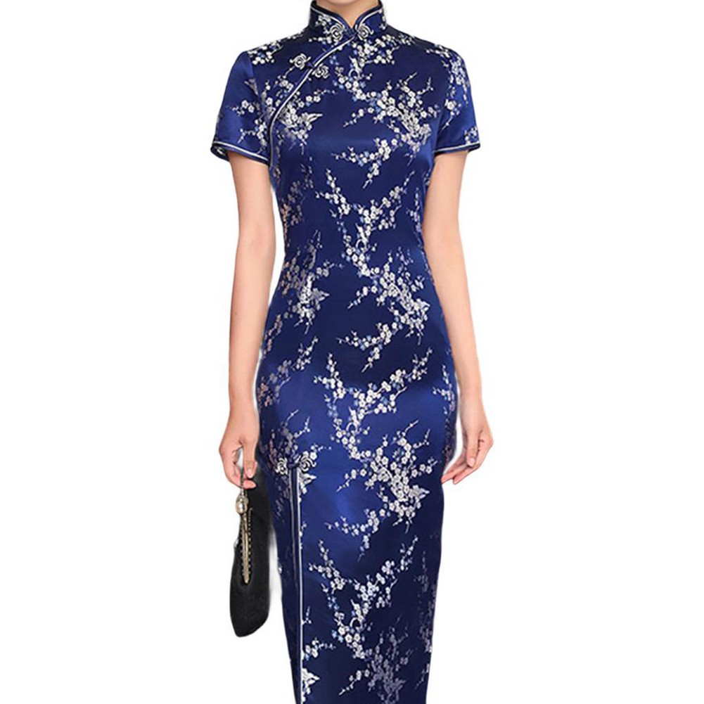 Women Chinese Cheongsam Dress Long Split Slim Print Traditional Collar - Picture 18 of 21