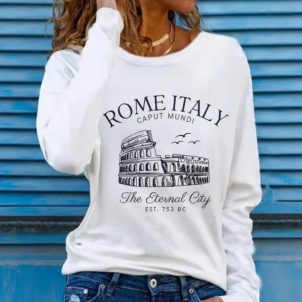 Women Casual Long Sleeve Roman Print T Shirt Round Neck Soft Breathable Fabric - Picture 13 of 84