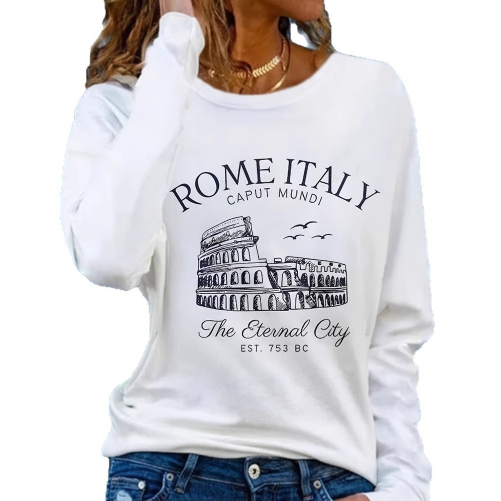 Women Casual Long Sleeve Roman Print T Shirt Round Neck Soft Breathable Fabric - Picture 24 of 84