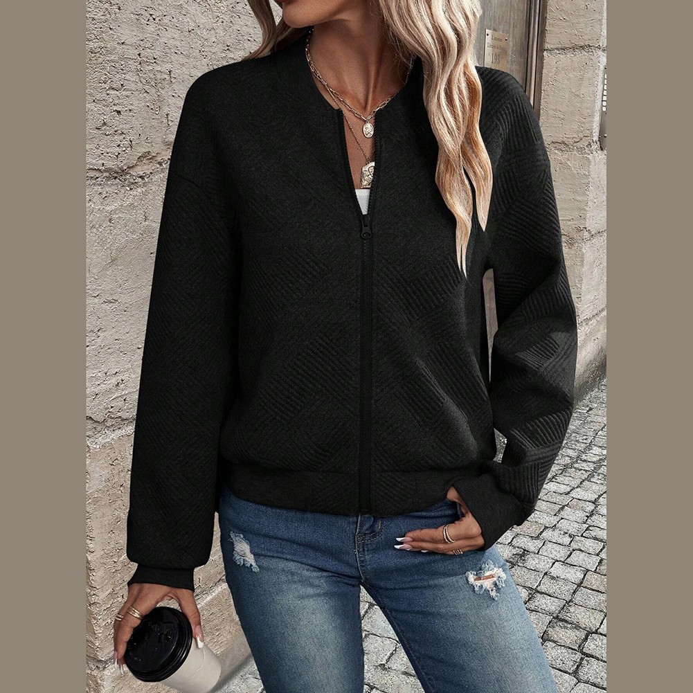 Solidcolor Casual Women Zipper Jacket with Baseball Collar Pockets and Stripes - Picture 35 of 37