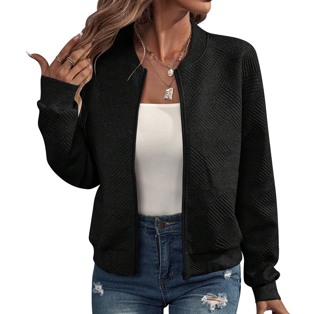 Solidcolor Casual Women Zipper Jacket with Baseball Collar Pockets and Stripes - Picture 33 of 37