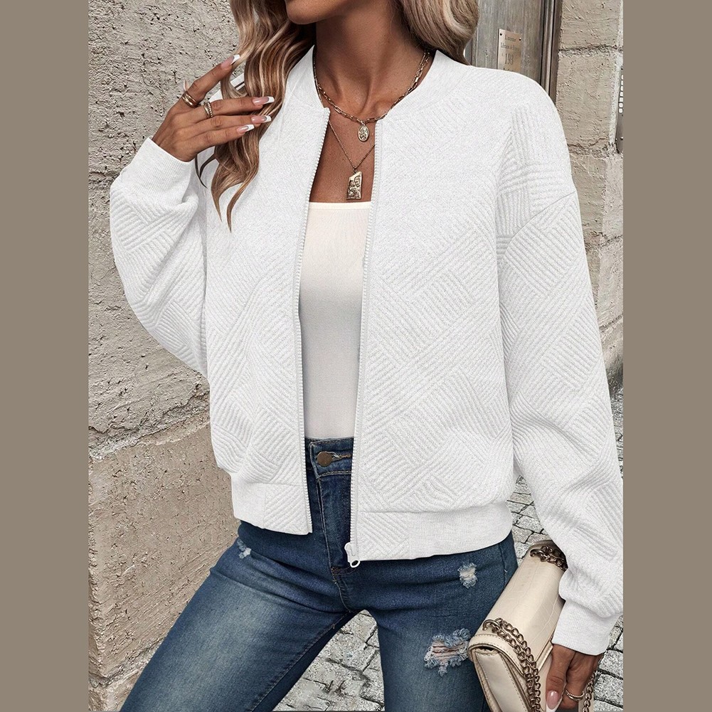 Solidcolor Casual Women Zipper Jacket with Baseball Collar Pockets and Stripes - Picture 31 of 37