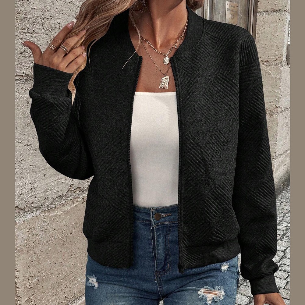 Solidcolor Casual Women Zipper Jacket with Baseball Collar Pockets and Stripes - Picture 32 of 37