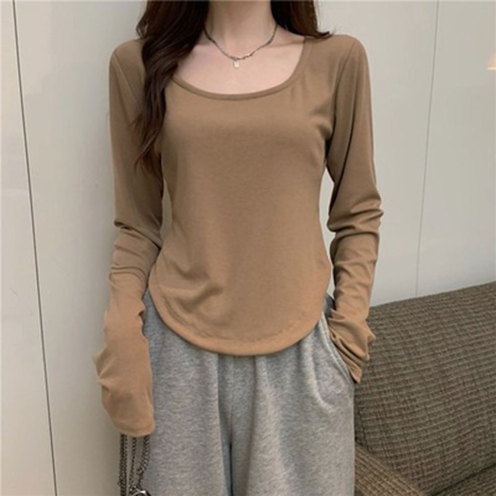 Women Long Sleeve Slim Fit Short Top Solid Color Irregular Round Neck Style - Picture 13 of 16