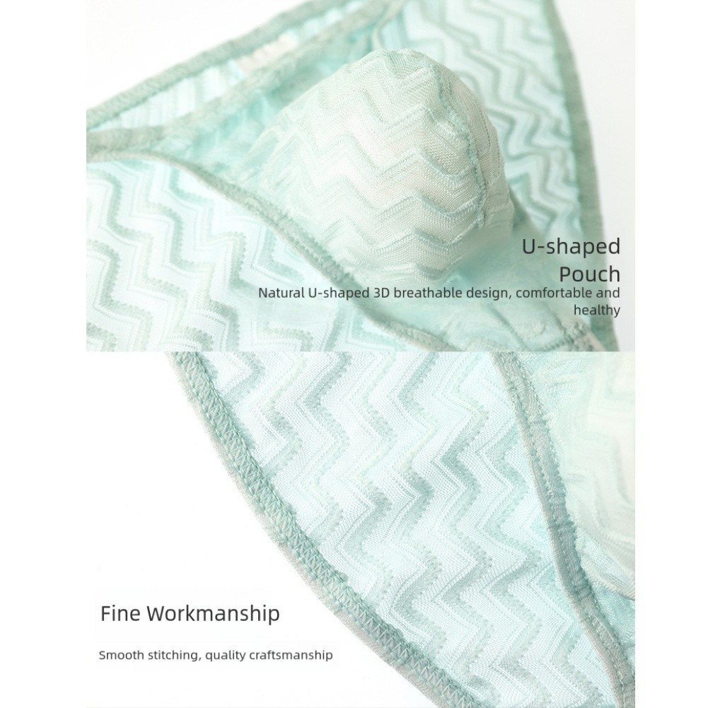 Men Lace See Through Breathable Pouch Underwear Striped Soft Fabric Brief - Photo 19/21