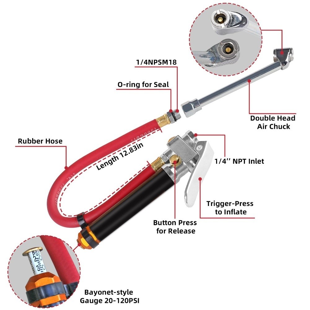Heavy Duty Tire Pressure Gauge Dual Head 10120 PSI 14 Inch NPT for RV and SUVs - Picture 17 of 22