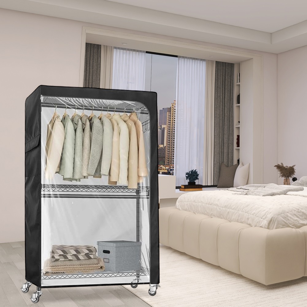Garment Rack Cover with Clear PVC Window Zipper and Side Storage Pockets