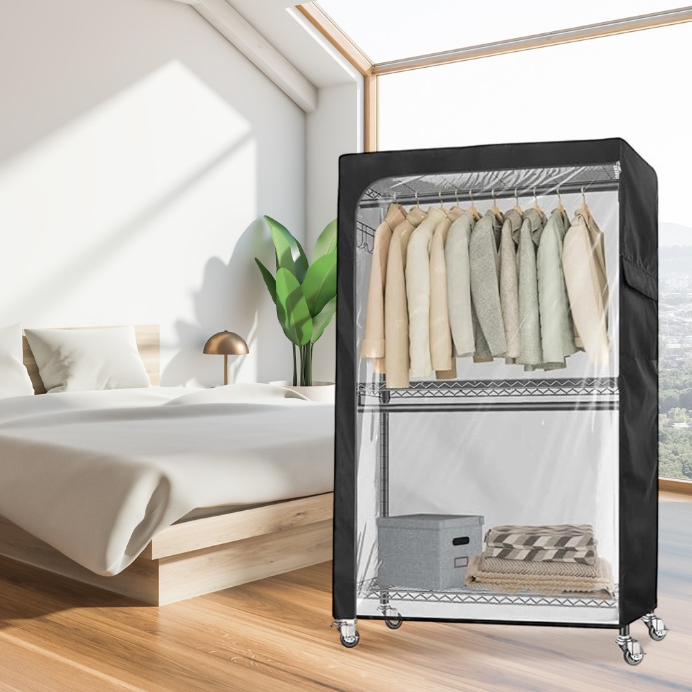Garment Rack Cover with Clear PVC Window Zipper and Side Storage Pockets
