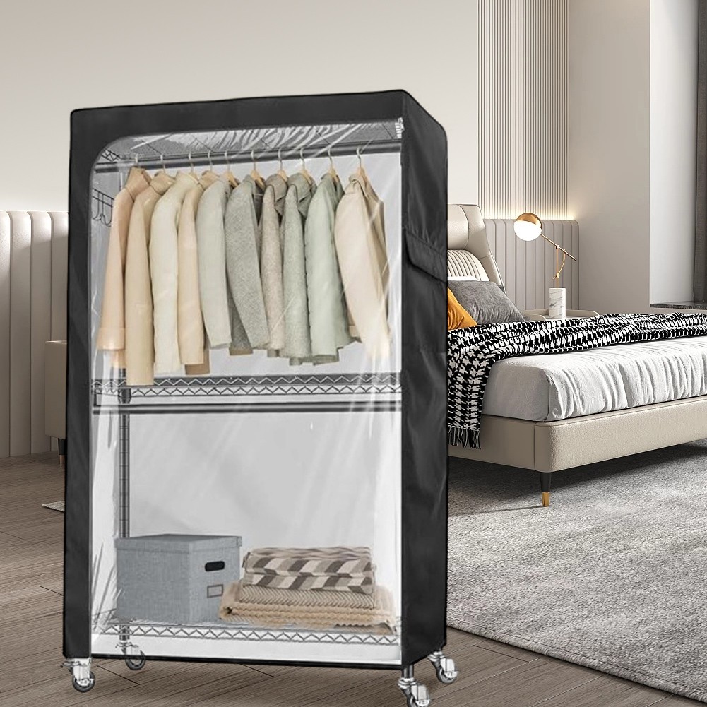 Garment Rack Cover with Clear PVC Window Zipper and Side Storage Pockets