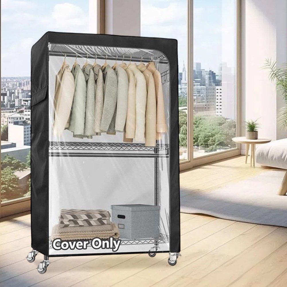 Garment Rack Cover with Clear PVC Window Zipper and Side Storage Pockets