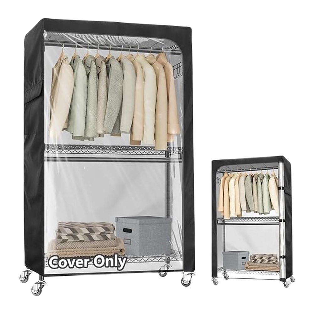Garment Rack Cover with Clear PVC Window Zipper and Side Storage Pockets
