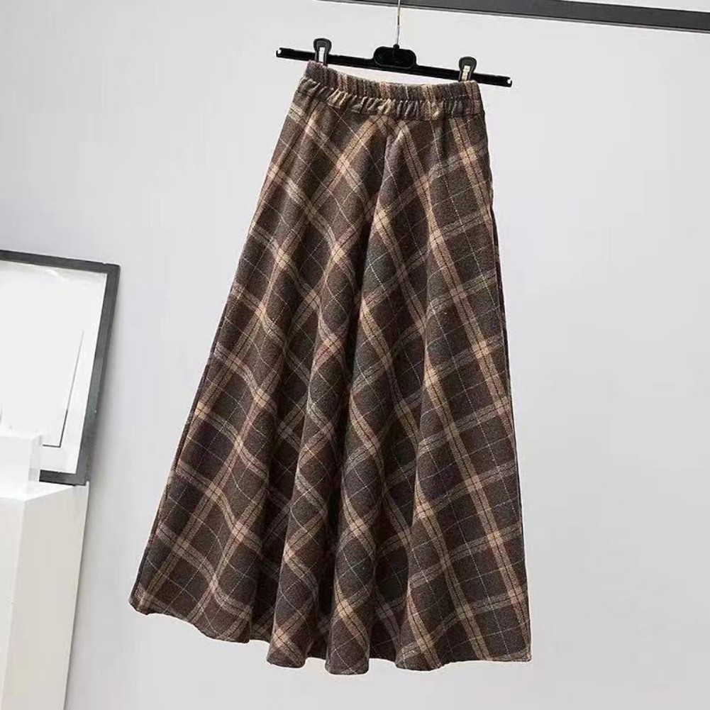 Elastic Waist Plaid Long Skirt for Women Casual Aline Swing Skirt Autumn