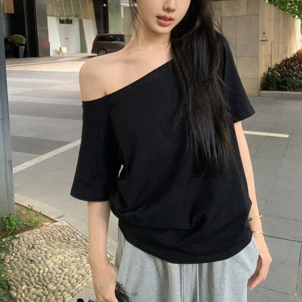 Summer Casual Women Top Slanted Shoulder Short Sleeved Solid Color Tee - Picture 13 of 14