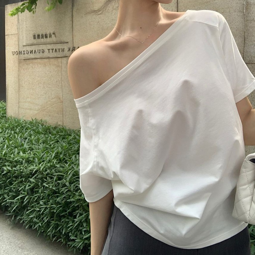Summer Casual Women Top Slanted Shoulder Short Sleeved Solid Color Tee - Picture 8 of 14