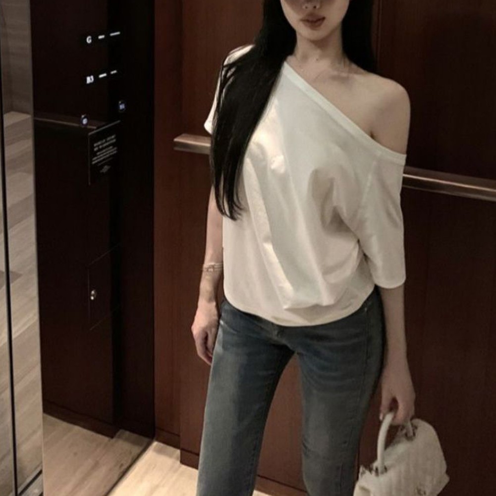 Summer Casual Women Top Slanted Shoulder Short Sleeved Solid Color Tee - Picture 9 of 14