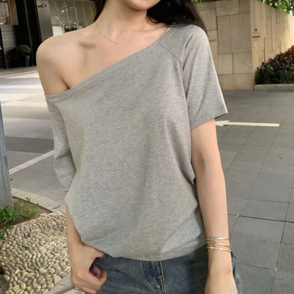 Summer Casual Women Top Slanted Shoulder Short Sleeved Solid Color Tee - Picture 11 of 14