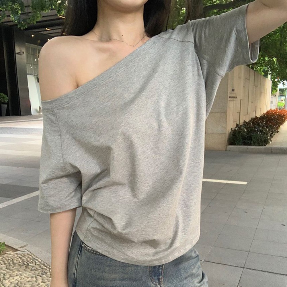 Summer Casual Women Top Slanted Shoulder Short Sleeved Solid Color Tee - Picture 12 of 14
