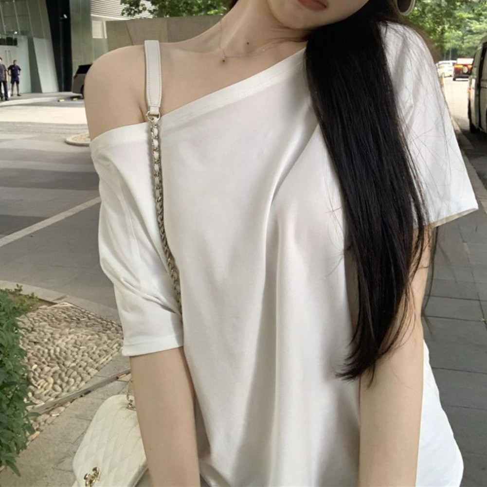 Summer Casual Women Top Slanted Shoulder Short Sleeved Solid Color Tee - Picture 10 of 14
