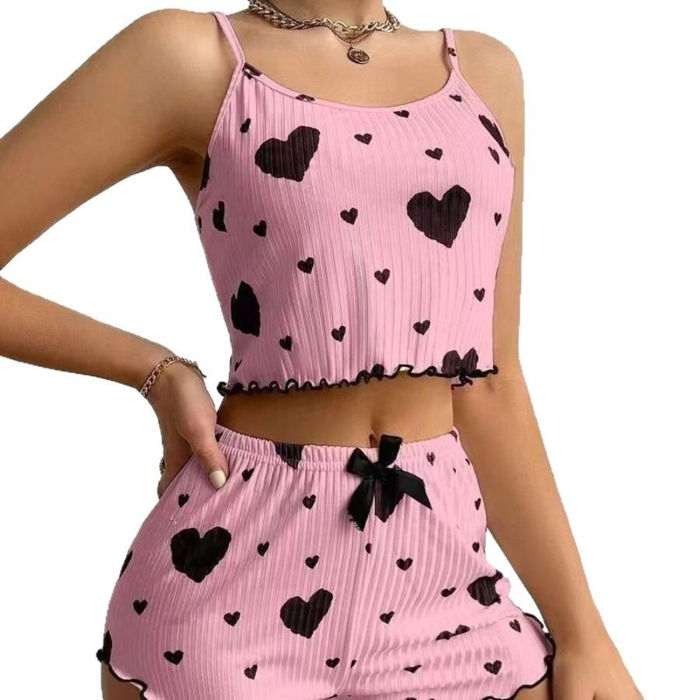 Casual Women Striped Heart Print Halter Vest with Elastic Waist Shorts - Picture 7 of 9