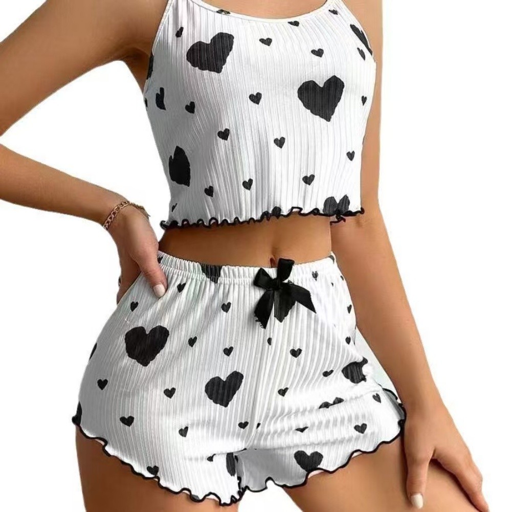 Casual Women Striped Heart Print Halter Vest with Elastic Waist Shorts - Picture 9 of 9