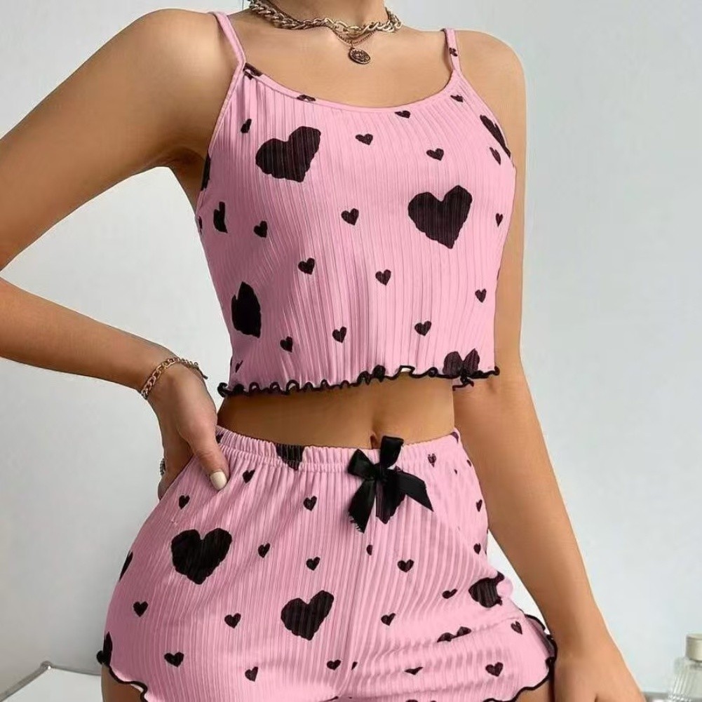 Casual Women Striped Heart Print Halter Vest with Elastic Waist Shorts - Picture 8 of 9