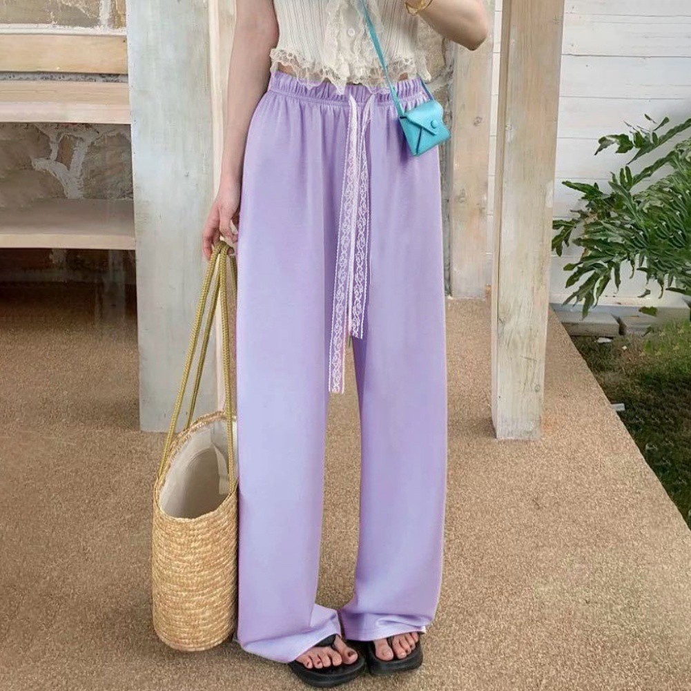 Women Casual Wide Leg Pants with Lace Drawstring High Waist Elastic Loose Fit - Picture 8 of 14