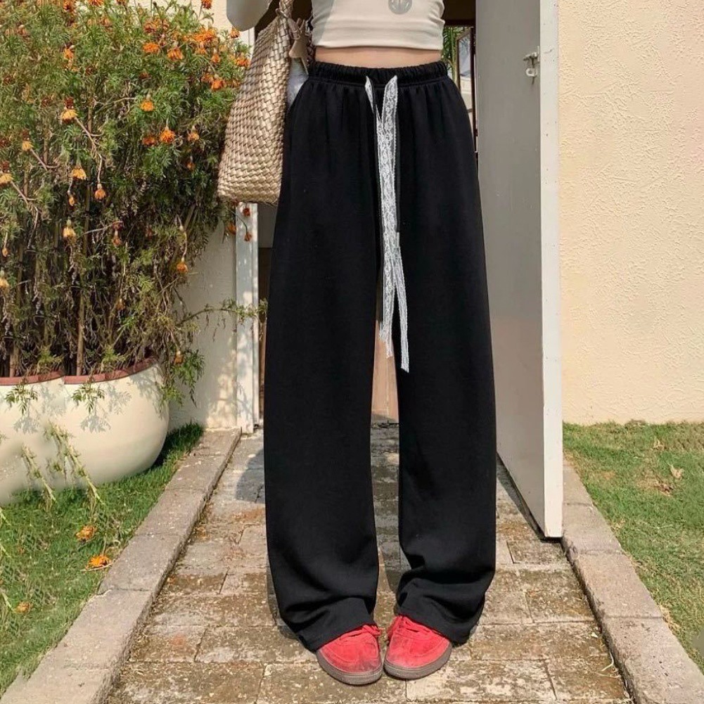 Women Casual Wide Leg Pants with Lace Drawstring High Waist Elastic Loose Fit - Picture 6 of 14