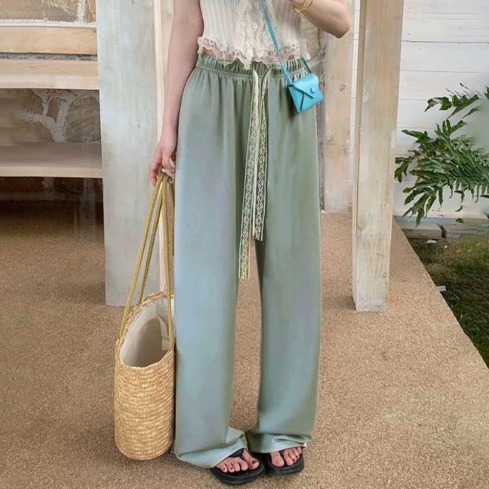 Women Casual Wide Leg Pants with Lace Drawstring High Waist Elastic Loose Fit - Picture 13 of 14