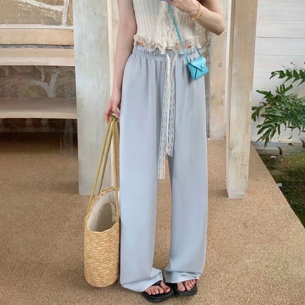 Women Casual Wide Leg Pants with Lace Drawstring High Waist Elastic Loose Fit - Picture 10 of 14