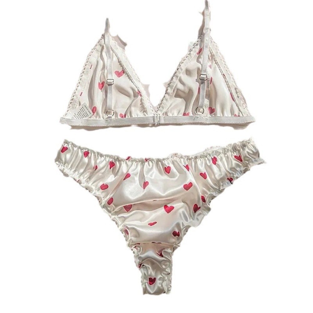 Breathable Two Piece Lingerie Set Women Faux Silk Heart Pattern Tie Closure - Picture 10 of 37