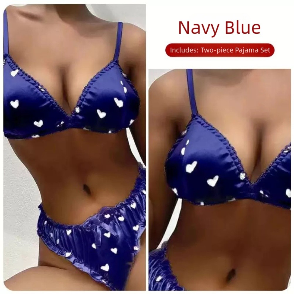Breathable Two Piece Lingerie Set Women Faux Silk Heart Pattern Tie Closure - Picture 13 of 37