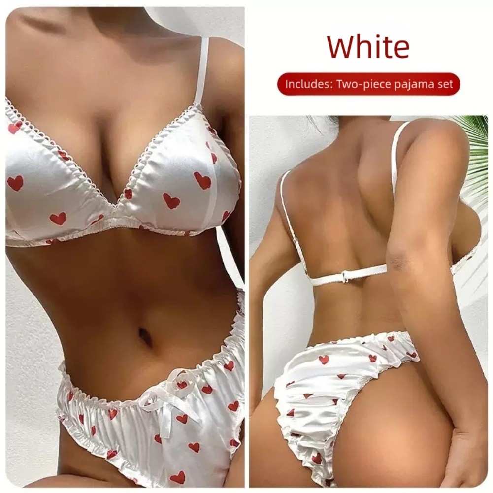 Breathable Two Piece Lingerie Set Women Faux Silk Heart Pattern Tie Closure - Picture 12 of 37