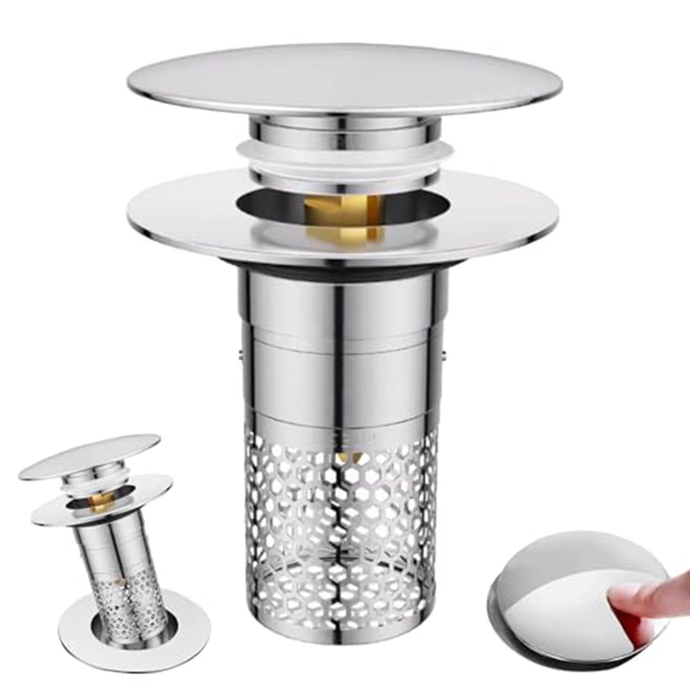 Fits Most Bathroom Sink Drain Stopper with Push Button and Filter Mesh Design