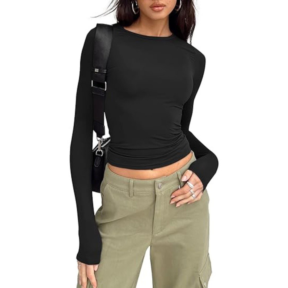 Women’s Long Sleeve Round Neck Pullover Top Slight Stretch Solid Color