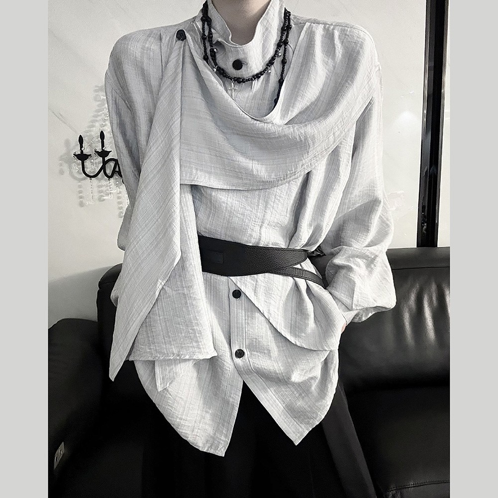 Retro Sash Scarf Men’s Long Sleeve Shirt for stand Collar Casual Solid Color