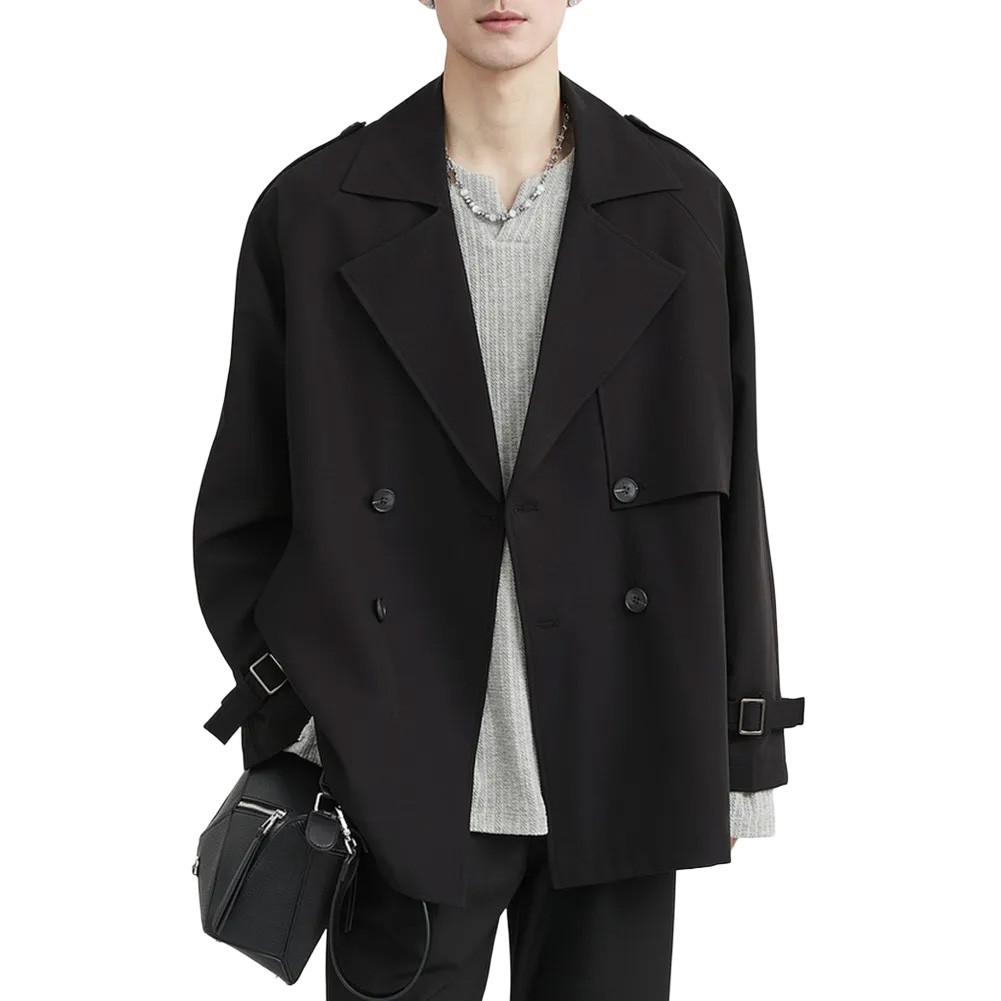 Short Men Windbreaker Double Breasted Trench Coat Lapel Style Casual Outerwear - Picture 26 of 47