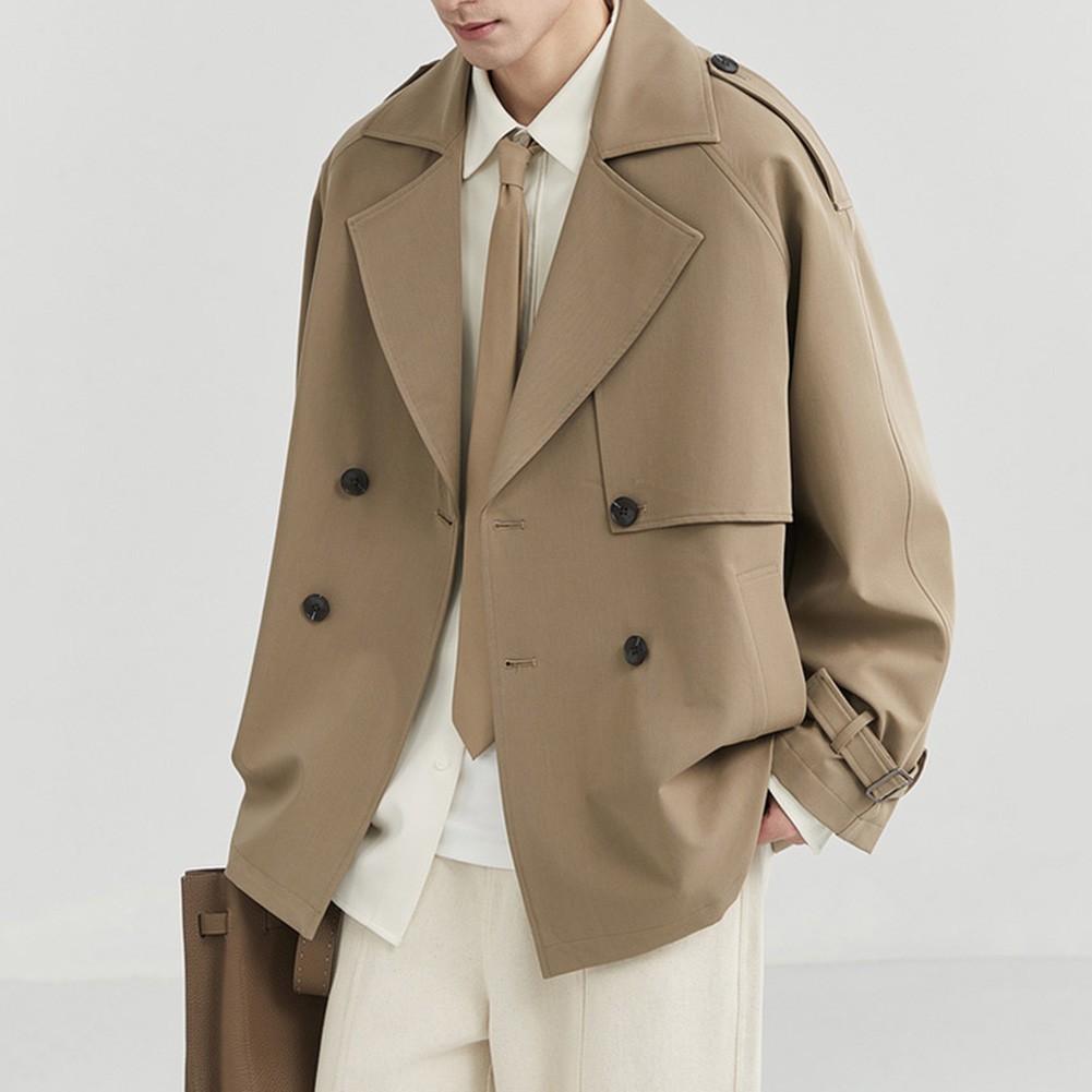 Short Men Windbreaker Double Breasted Trench Coat Lapel Style Casual Outerwear - Picture 37 of 47